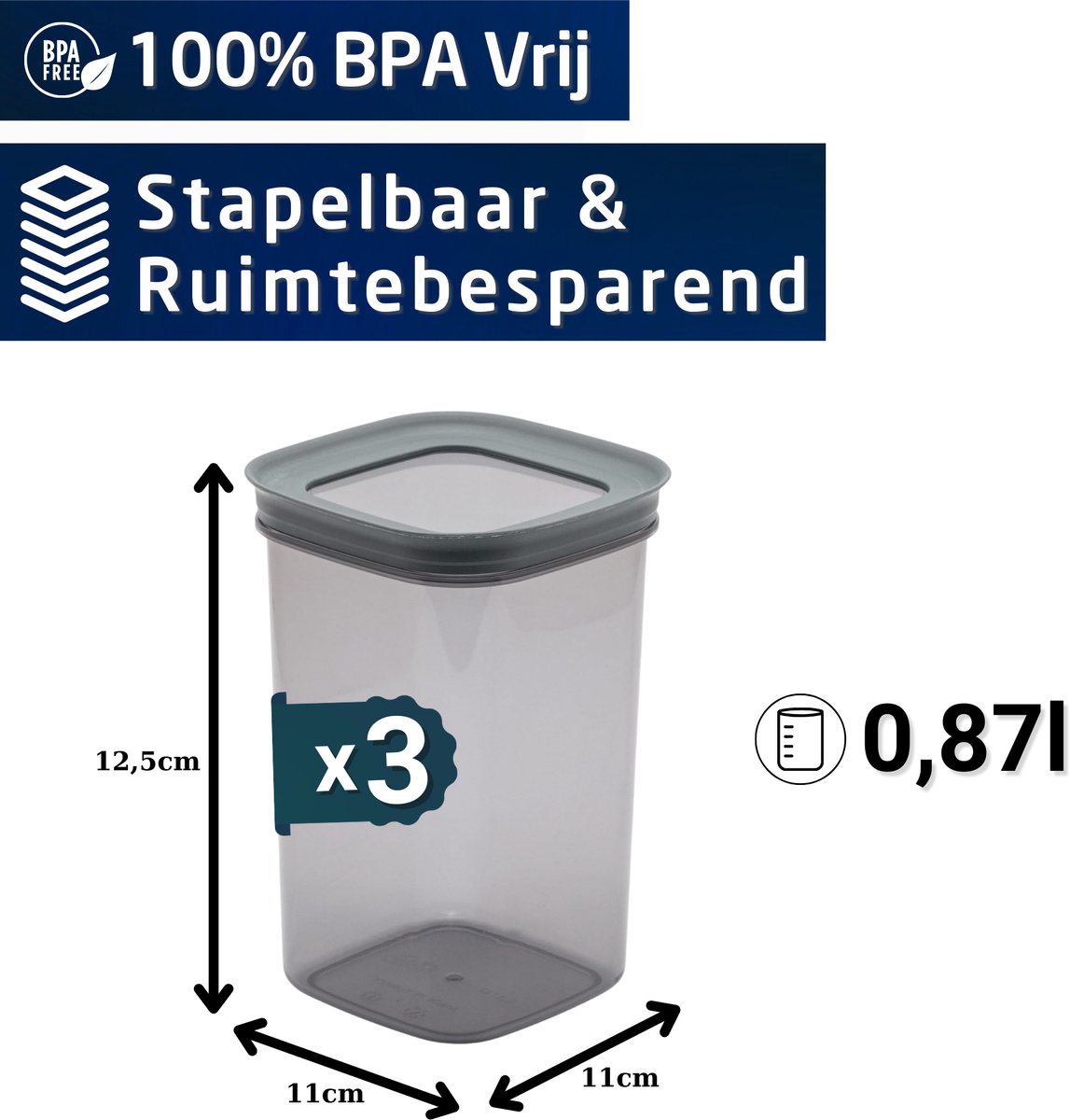 Mutfac Voorraadpotten Set 3-delig Voorraadbussen Kunststof Antraciet Vershouddoos Luchtdicht Stapelbaar Diepvriesbestendig - 870ml
