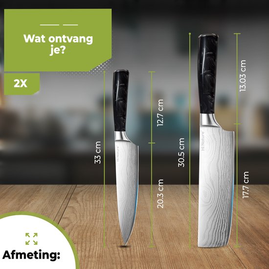 Afmetingen van twee Hi Nature koksmes met zwart handvat en damastpatroon, met vermelding van de lengte van het lemmet en handvat.