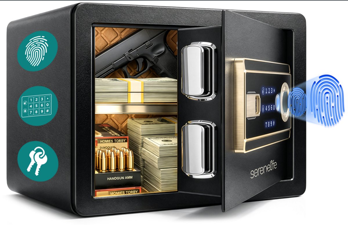 SereneLife Elektronische Kluis - Vingerafdruk Toegang - Touchscreen Toetsenbord - 4 Sleutels - Zwart