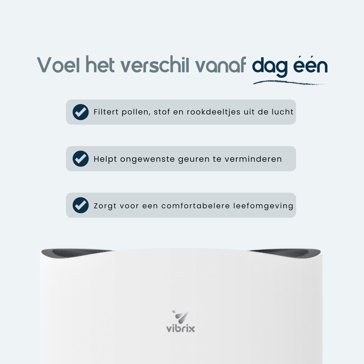 Vibrix PureFlow50 Luchtreiniger / Air Purifier – HEPA H13 + koolstoffilter – 350 m³/u – Voor kamers tot ca. 50 m² – Ionisator – App-bediening – Zeer stil met slaapstand – Luchtkwaliteitindicator — afbeelding 5