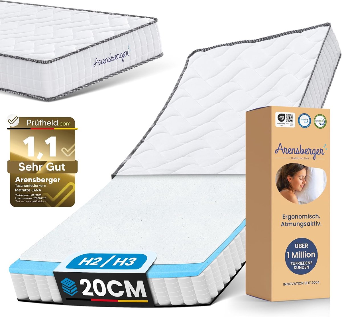 Arensberger matras 160 x 200 cm - JANA Springveermatras – 7-Zone Matras met Schuim en Pocketveren Kern, H2/H3 Medium Stevig Ligcomfort – Matras 160cm x 200cm x 19cm