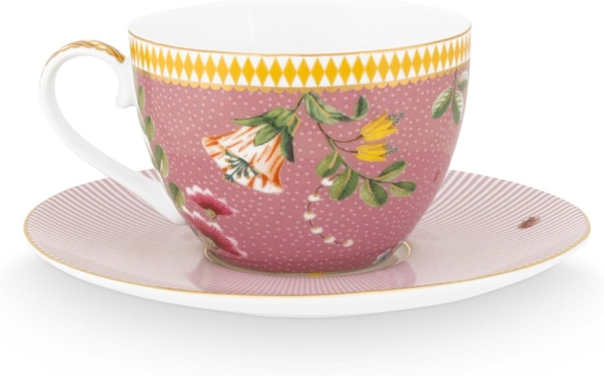 Mok met Schotel Bloemenprint Roze 0,28 L