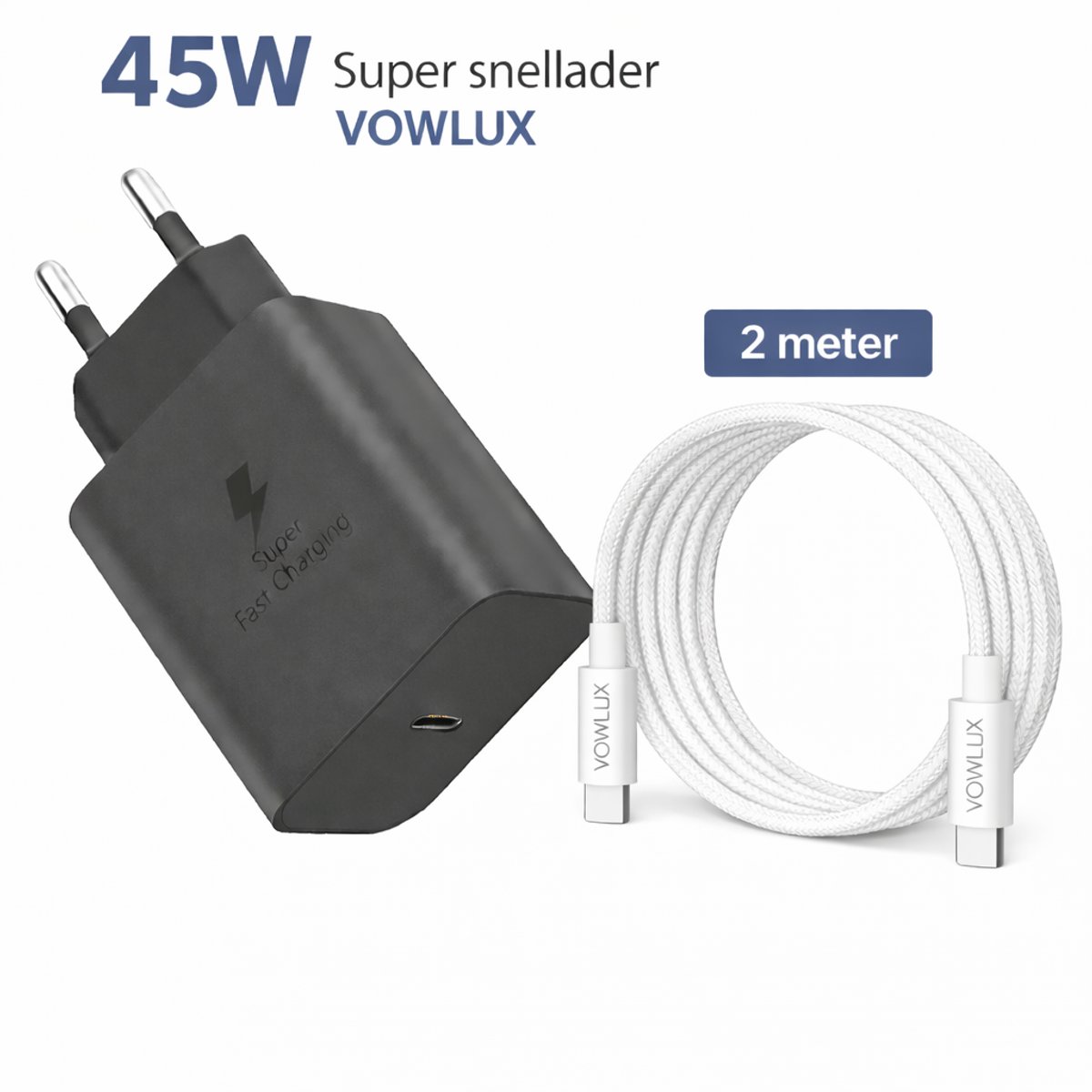 45W Super Snellader Set + USB-C naar USB-C Kabel 2M – 60W Extra Stevig Gevlochten – Geschikt Voor Telefoon,Tablet,iPad,Macbook,Laptop - Adapter Set - USB C Oplader