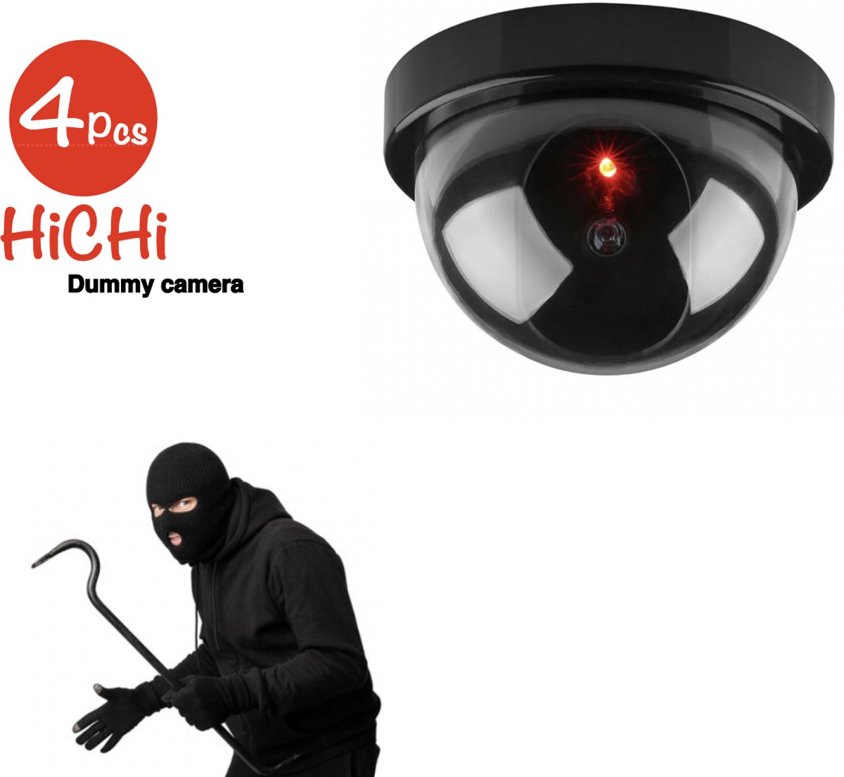 Fake camera voor Binnen – Dummy camera – Nep camera - CCD Dummy Camera - Beveiligingscamera - Fake Outdoor Nepcamera - Nep Security Cam met rood knipperend led indicator HiCHi® 4STUKS