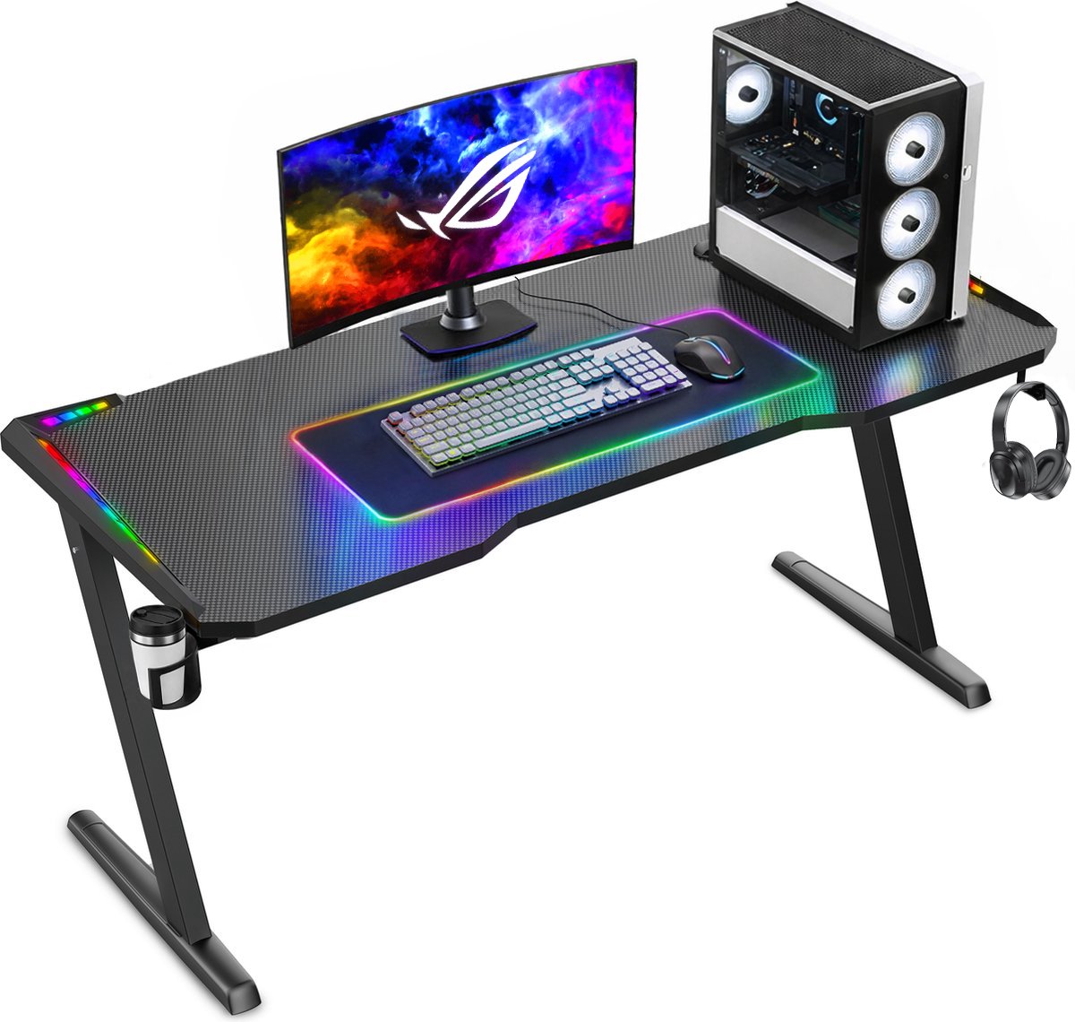 Unidesk Game Bureau met LED verlichting - 140x60x73 CM - Incl RGB Muismat - Gaming Desk- Computer Tafel - Gaming Bureau - Zwart