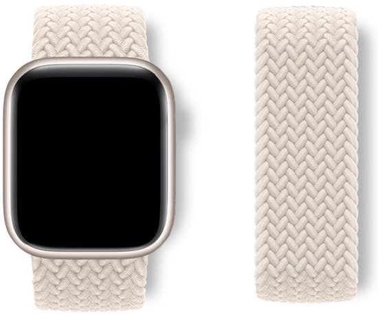 Zilverkleurig Apple Watch met een lichtbruin gevlochten bandje.