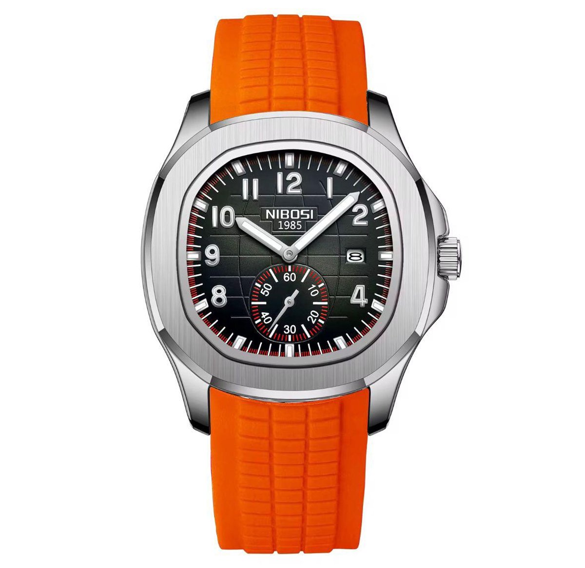 Nibosi - Herenhorloge - Mannen - Siliconen Sportband - Zilver Oranje - Horlogedoos - RVS