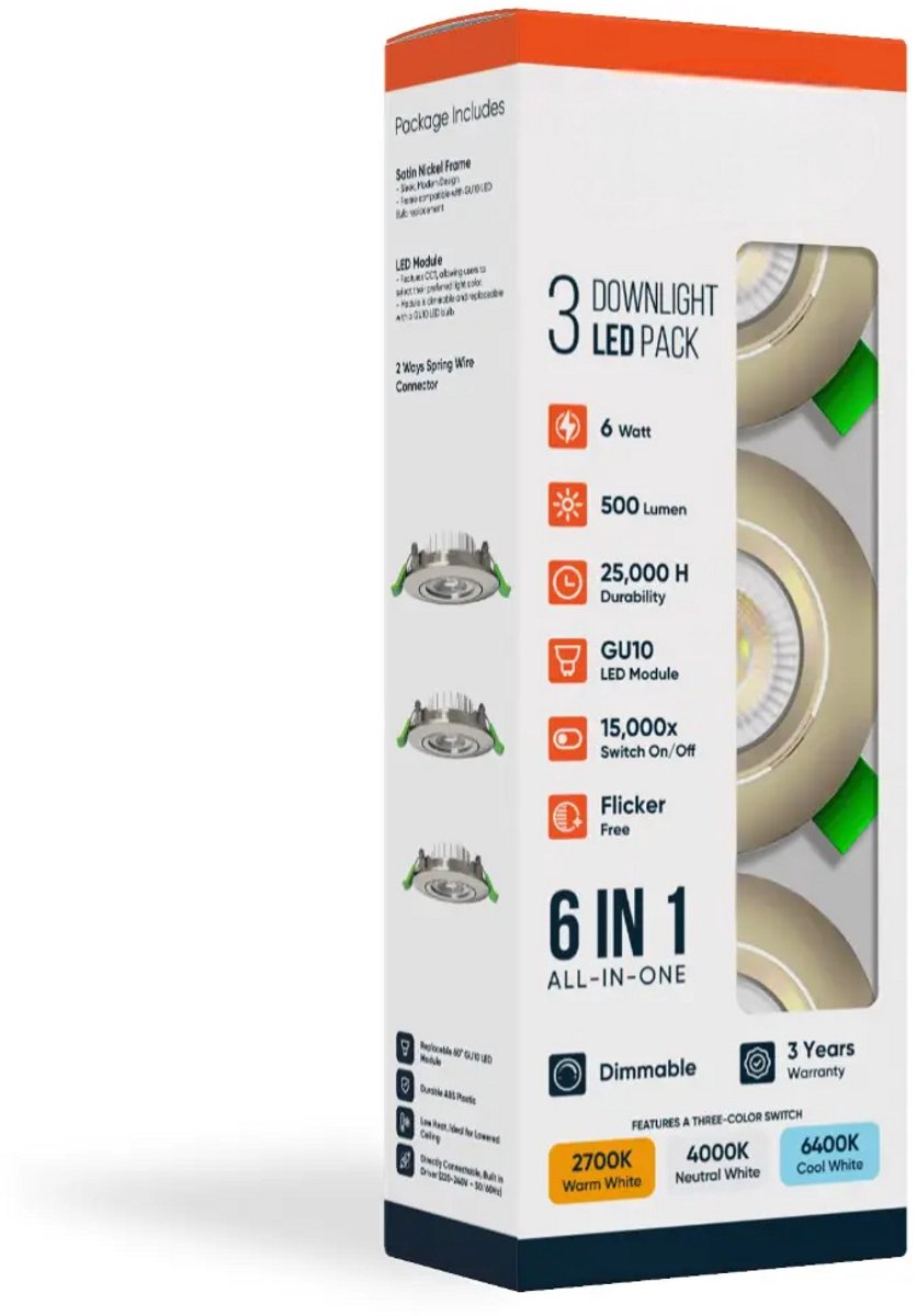 LDS - LED inbouwlamp - 6W - Aanpasbare Kleur CCT - 2700K/4000K/6400K - 500 Lumen - DIMBAAR - Rond - Nikkel - Buiten Diameter 85 mm - Set van 3 inbouwlamp - IP20 - Woonkamer - Keuken