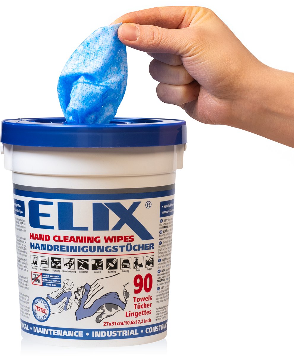 ELIX Handreinigingsdoeken - 90 stuks in stabiele emmer - Vochtige doeken voor handen en materialen - Licht schurende en zachte kant - Doeken 31*27cm op rol - Schone handen zonder water of zeep - Afsluitbare emmer - Dermatologisch getest