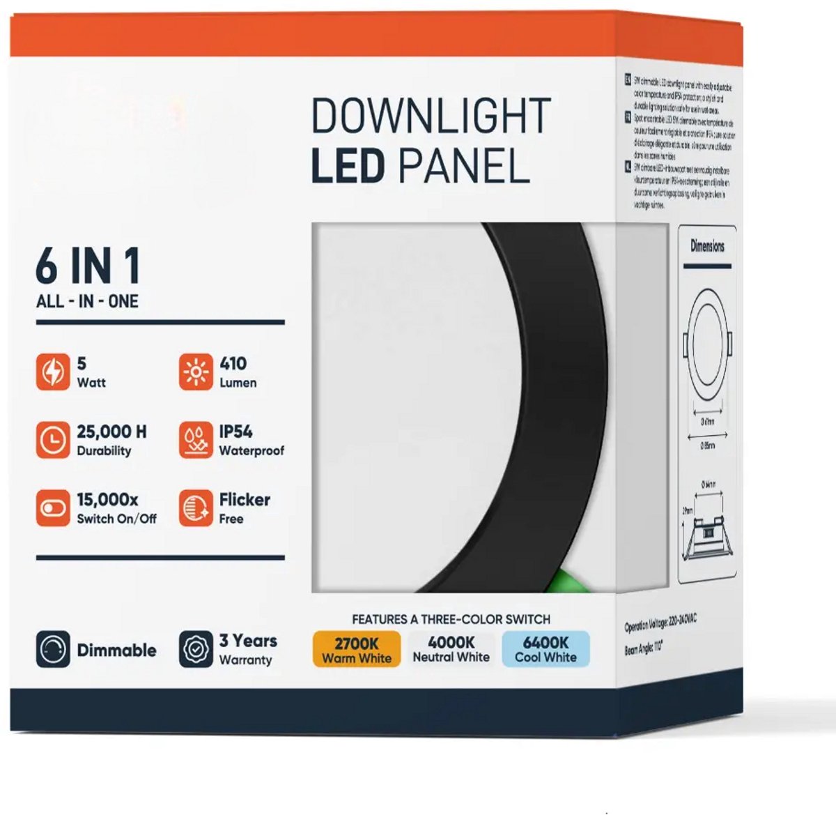 LDS - LED inbouwlamp - 5W - Aanpasbare Kleur CCT - 2700K/4000K/6400K - 410 Lumen - DIMBAAR - Rond - Mat Zwart - Buiten Diameter 85 mm - IP54 - Badkamer - Woonkamer - Keuken