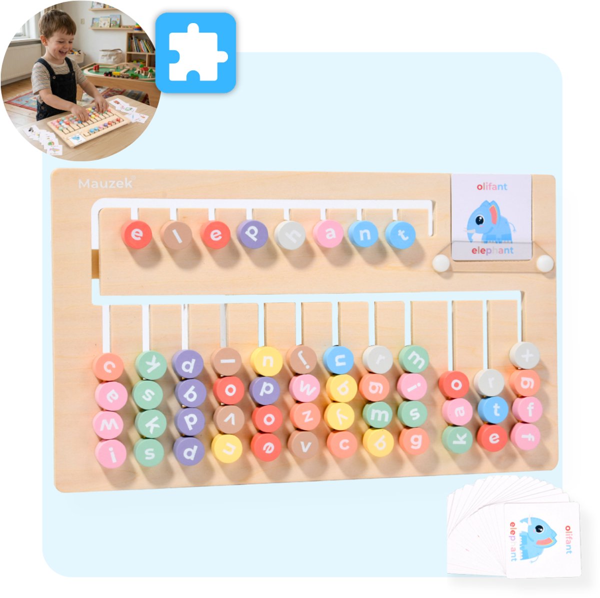 Mauzek® Spellingbord - Montessori speelgoed - Leren lezen - Houten speelgoed - Letters leren - Alfabet leren - Spellen - Educatief speelgoed - Sensorisch - Peuter speelgoed - Kleuter - Jongens - Meisjes - 3 jaar - 4 jaar - 5 jaar - 6 jaar - 7 jaar