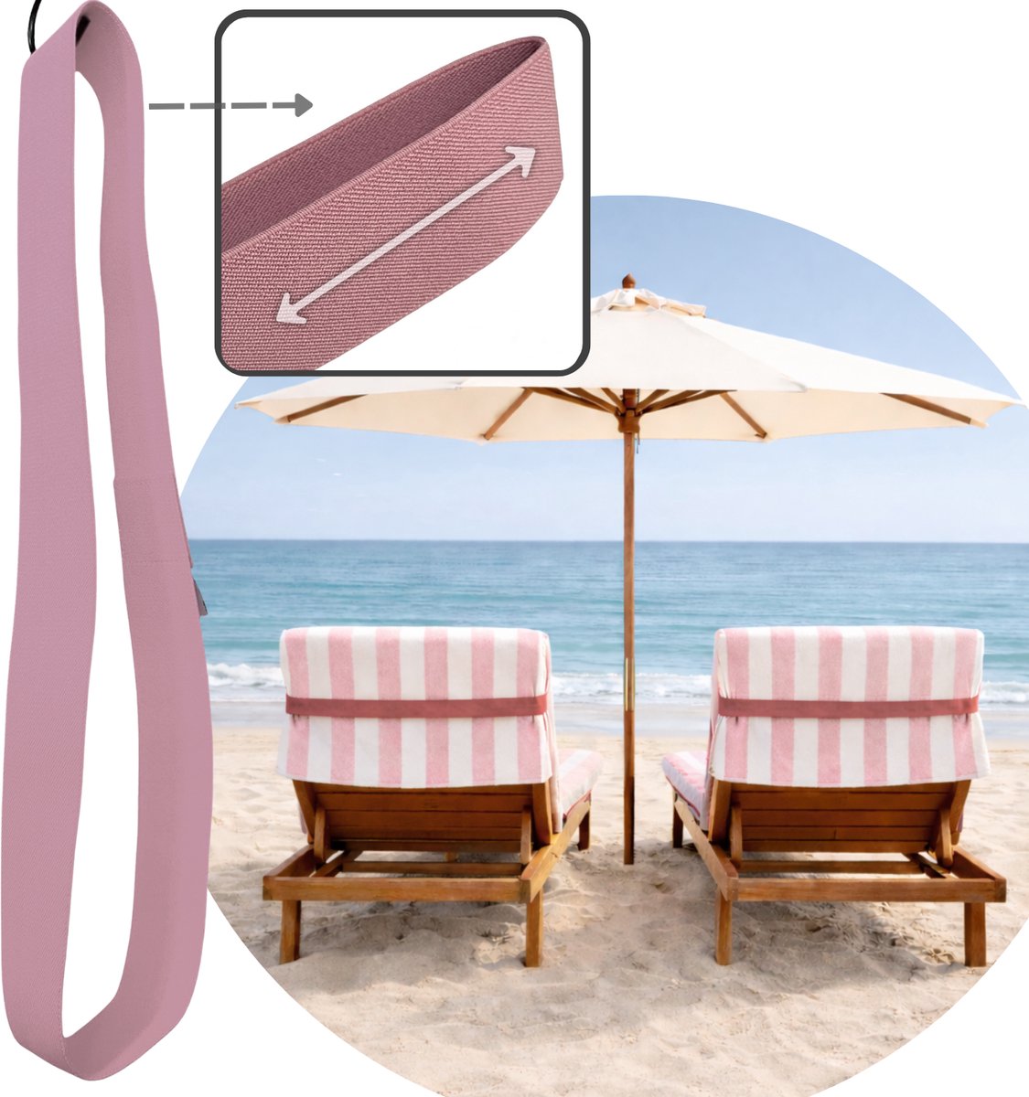 Hoya living - Strand handdoek Elastiek Band Ligbed - Roze - rekbaar 45-70 cm - strandbed elastiek - strandhanddoekbanden