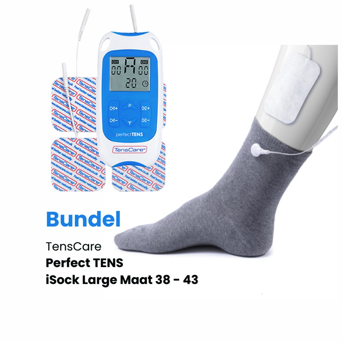 TensCare - Bundel Perfect TENS + iSock Large | TENS apparaat | Pijnverlichting | Elektrodentherapie | TENS/EMS Sokken voor Voet- & Enkelpijn | Neuropathie & slechte doorbloeding therapie | Artritis |