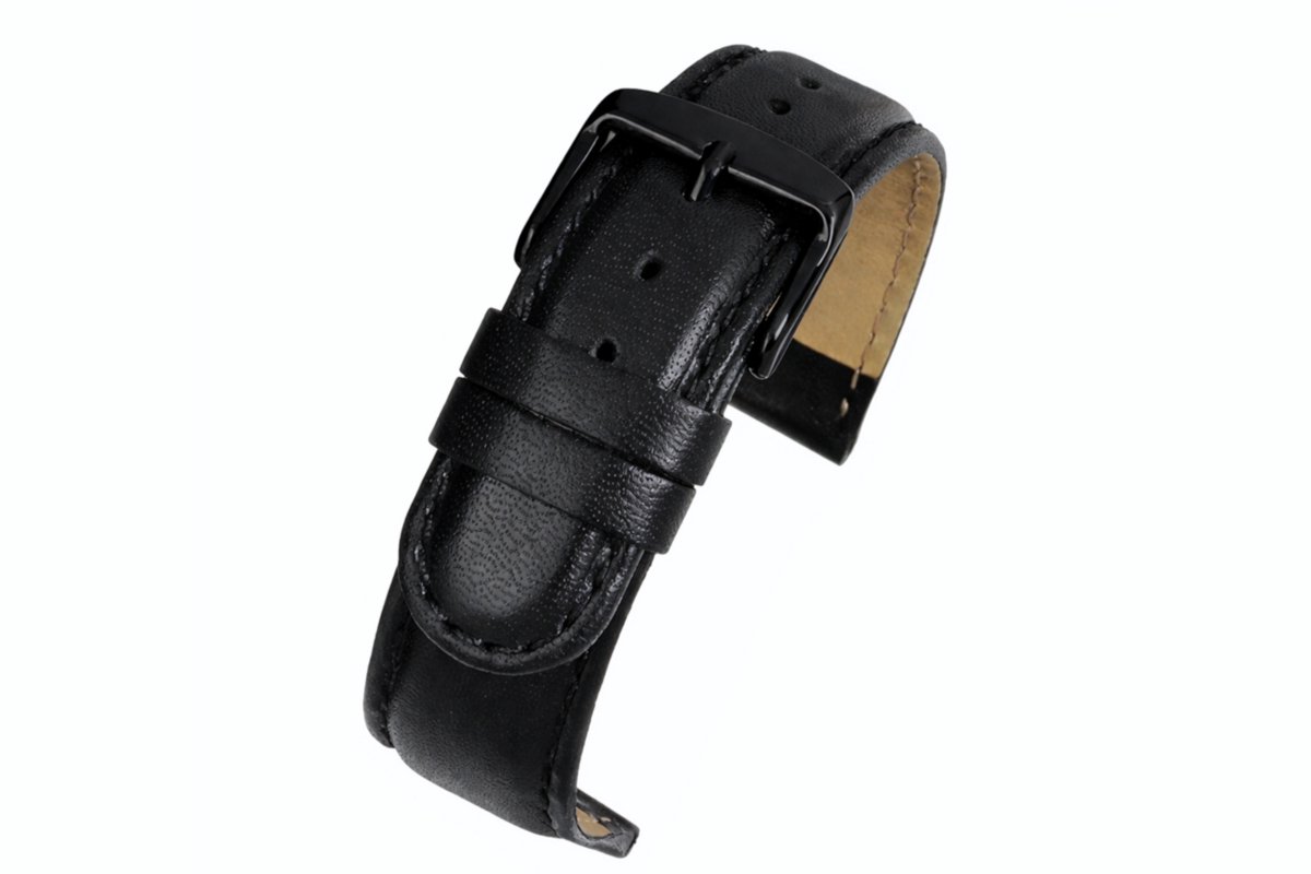 horlogeband-horlogebandje-20mm-echt leer-ZWART-zwart-gevuld-glad-zacht-soepel-zwarte gesp-20 mm