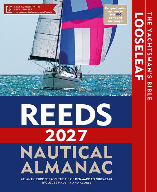 Reeds 2027 Nautical Almanac, zeilboot met blauwe, witte en roze zeilen op blauw water.