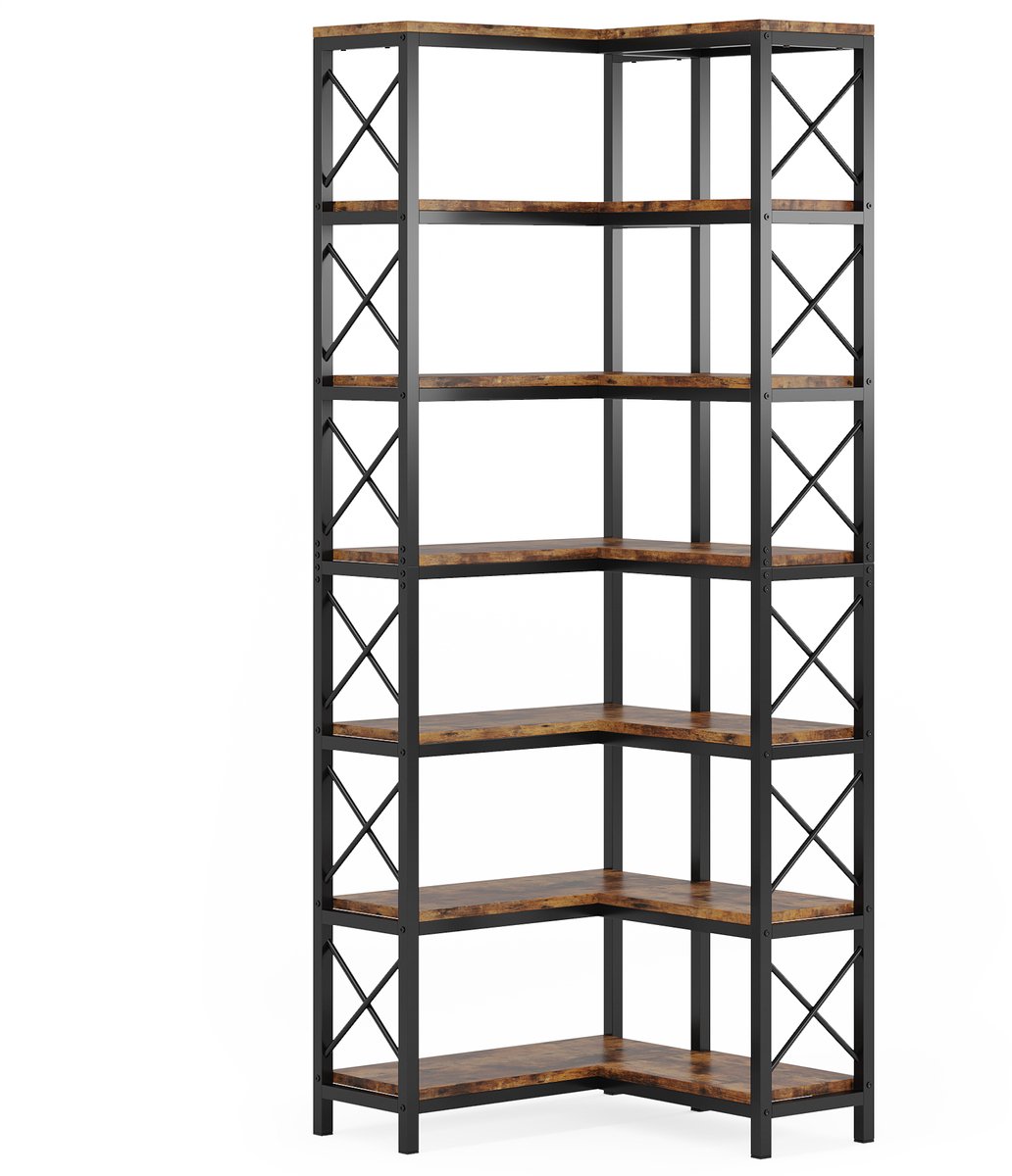 DMG Supply Boekenkast - Hoekkast met 6 lagen - Open Kast - Boekenrek - Industrieel - Bruin/Zwart - 60 x 60 x 200 cm