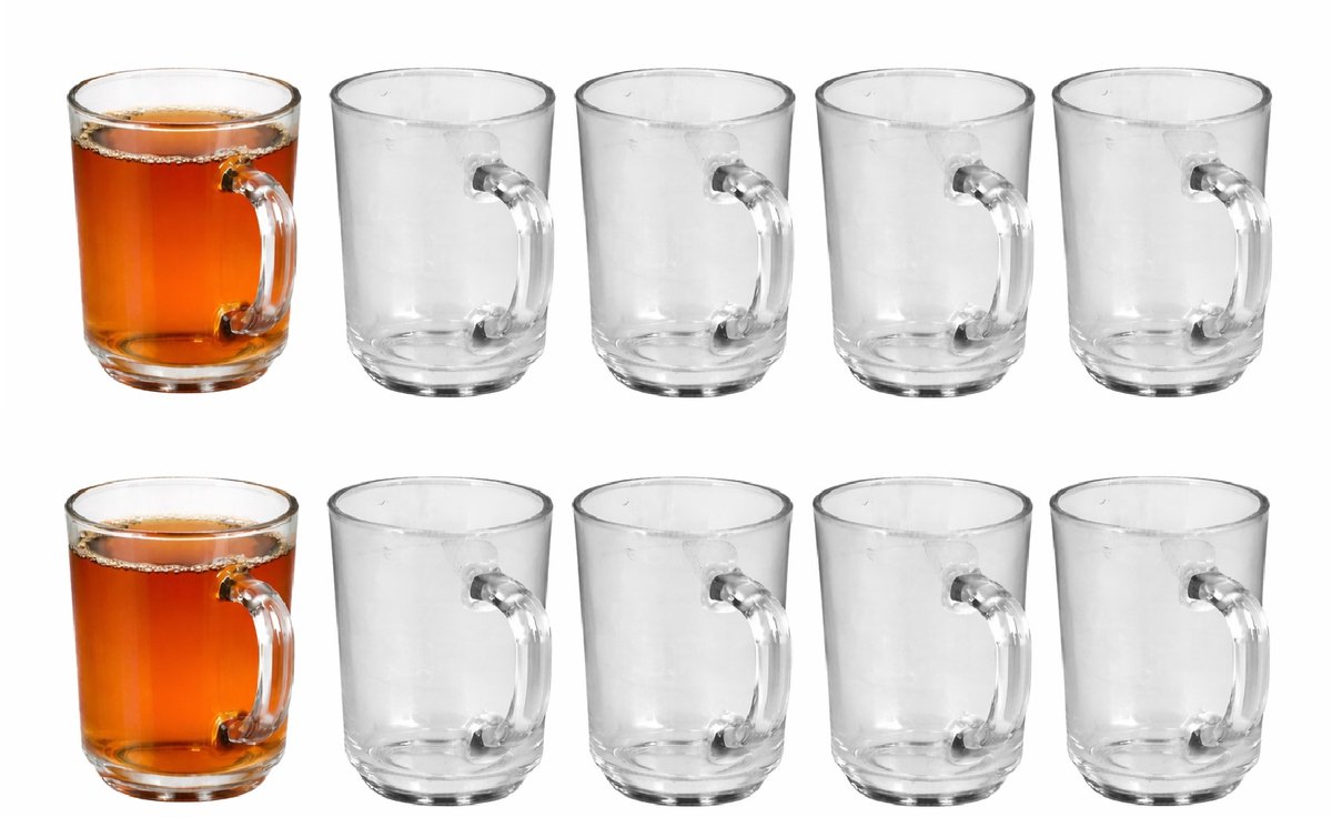 Thee glazen 230 ml – Set van 10 stuks – Theeglazen met oor – Glazen theemokken voor thee, koffie en warme dranken – Geschikt als koffiekopjes