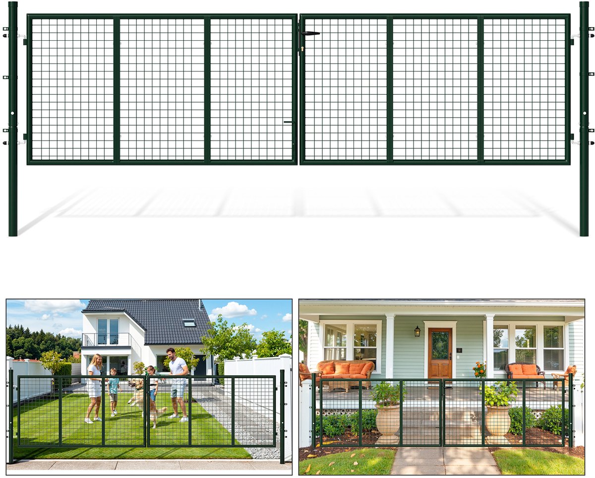 Tuinpoort - Dubbele poort - 350x100 cm Groen - Gegalvaniseerd staal - Tuinpoort - incl. sl