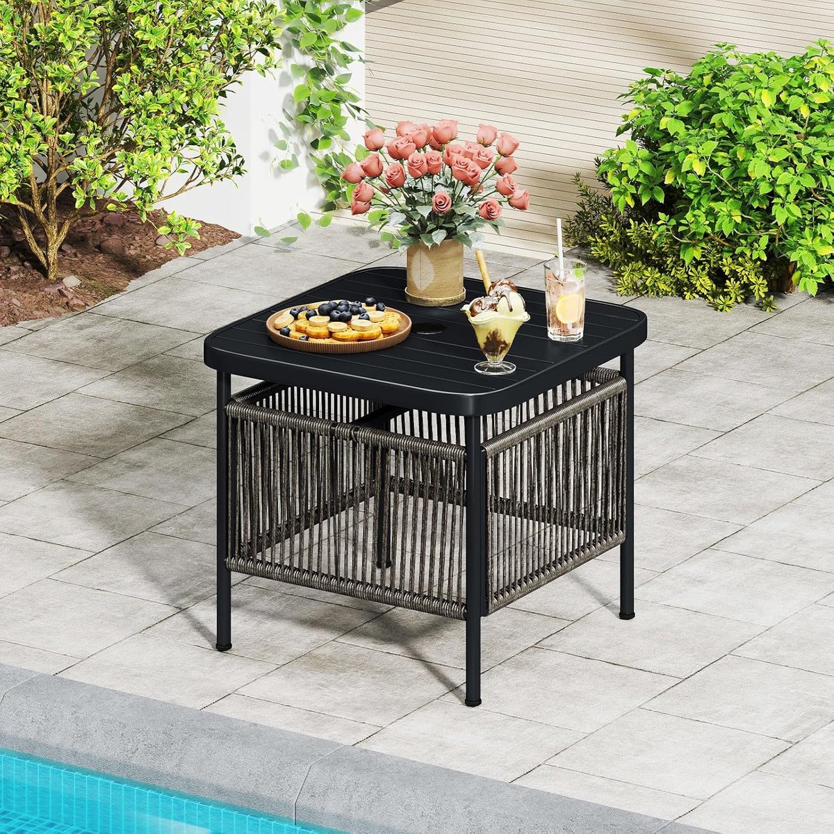 KOMFOTTEU Tuintafel - 56 × 56 × 49 cm - bijzettafel voor buiten - met parasolgat - Bistrotafel - kunststof - metaal - vierkant - voor balkon, terras en tuin thumbnail 2
