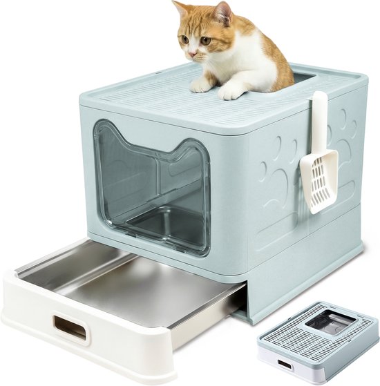 Opvouwbare kattenbak RVS met deksel en lade – blauw