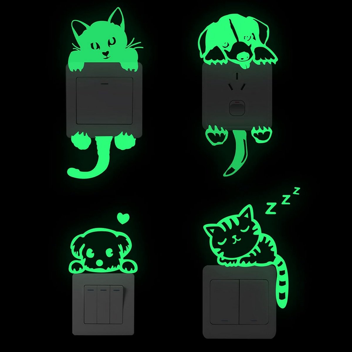 Lichtgevende Wandlamp Sticker Set - 4 Stuks Dierenpatronen voor Lichtschakelaars