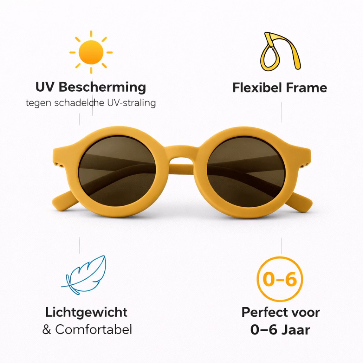 Kinderzonnebril – Rond – UV Bescherming – 2-6 Jaar – Okergeel