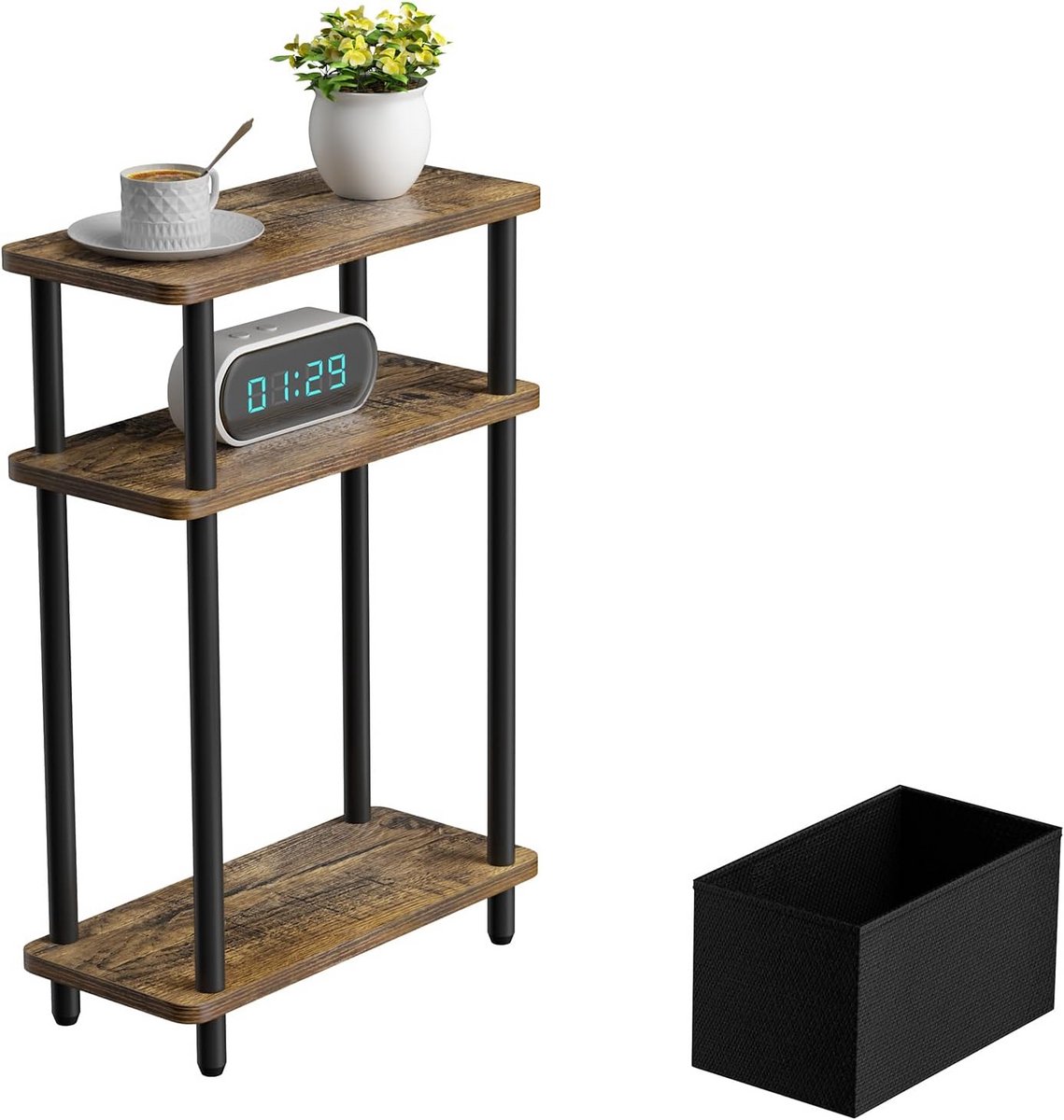 Smalle bijzettafel met mand en 3 niveaus voor kleine ruimtes