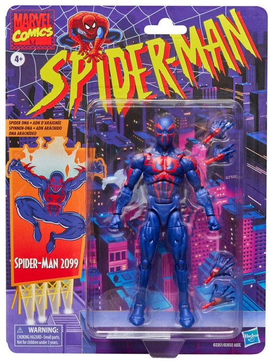 Spider-Man 2099 actiefiguur in verpakking met retro-design, met rode en blauwe kleuren.