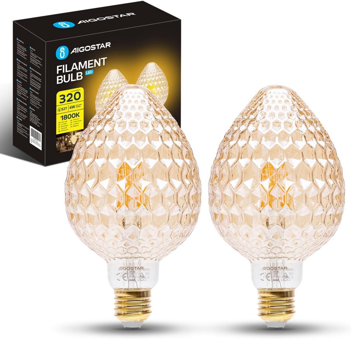 Set van 2 LED Filamentlampen E27 4W - Extra Warm Wit 1800K - Decoratieve Stawberry Stijl - Amber Licht