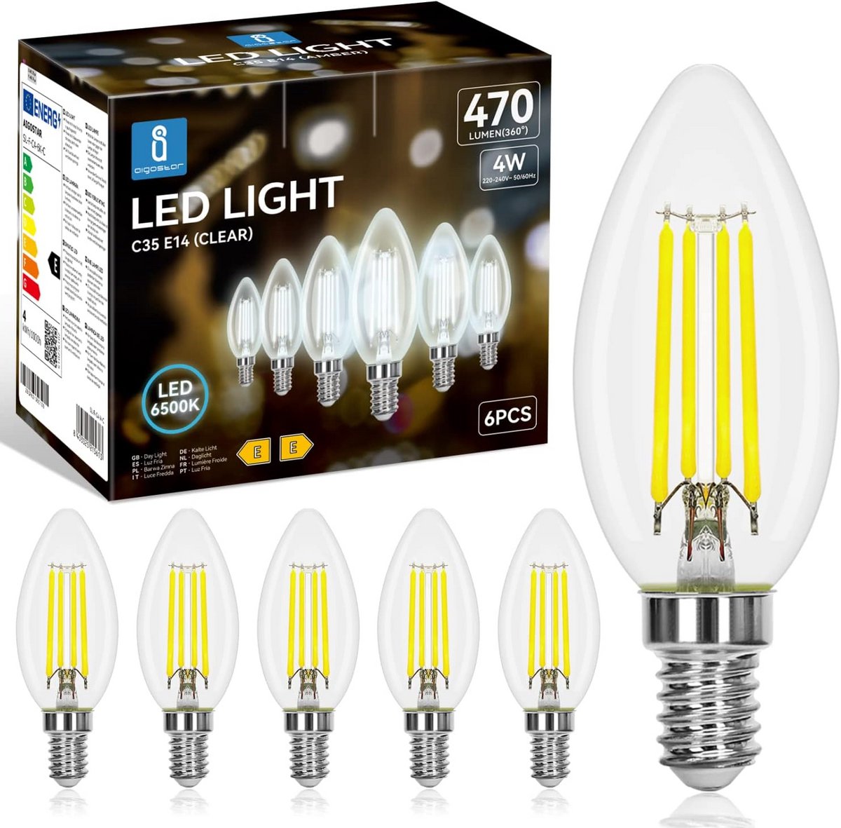Set van 6 LED Kaarslampen E14 - 4W Dimbaar, Helder Wit Licht 6500K, 470 Lumen - Decoratieve Filament Stijl