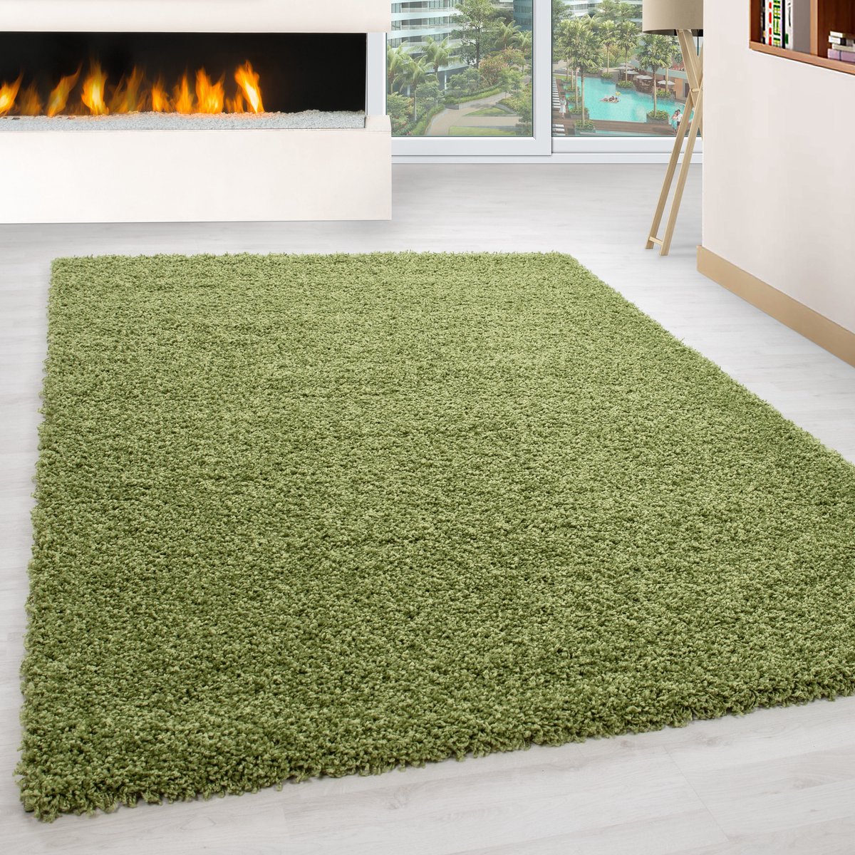 Ayyildiz Hoogpolig vloerkleed, effen kleur - effen groen, vloerkleed voor de woonkamer, jute achterkant, afmeting: 100 cm x 200 cm