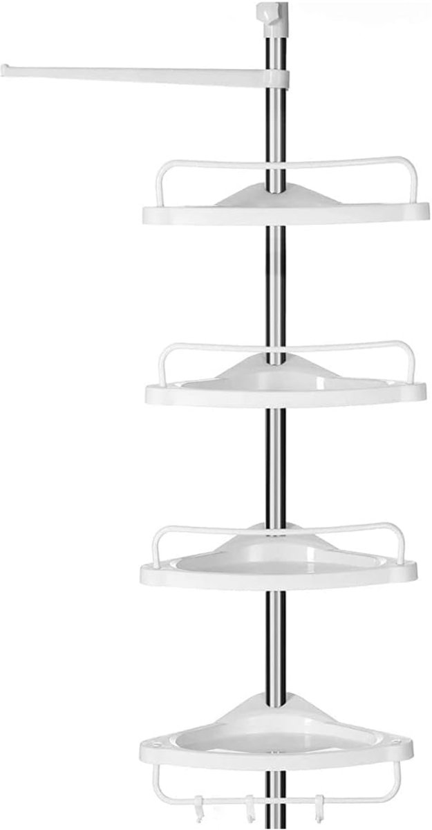 SONGMICS doucheplank in hoogte verstelbaar, hoekplank voor badkamer, badkamerplank, 95-300 cm, vloer tot plafond, roestvrij staal, 4 planken, 3 haken, 1 handdoekhouder, wit-zilver BCB02SW