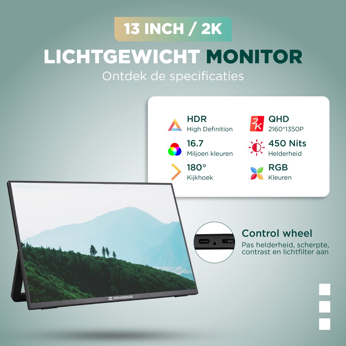 Draagbare 13 inch 2K monitor Remodius® met IPS scherm, USB-C, Mini HDMI, kickstand en beschermhoes sleeve - Afbeelding 4