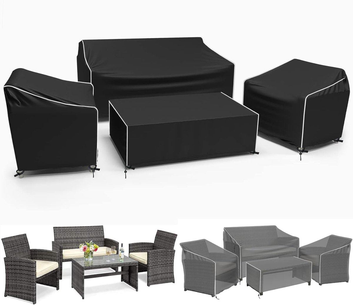 Famanu Tuinmeubelhoes waterdicht - 4-delige terrasmeubelhoezen - terrasmeubelset hoezen - terrashoezen inclusief: Ourdoor bankhoes - 2 stoelhoezen - salontafelhoes -XL -zwart
