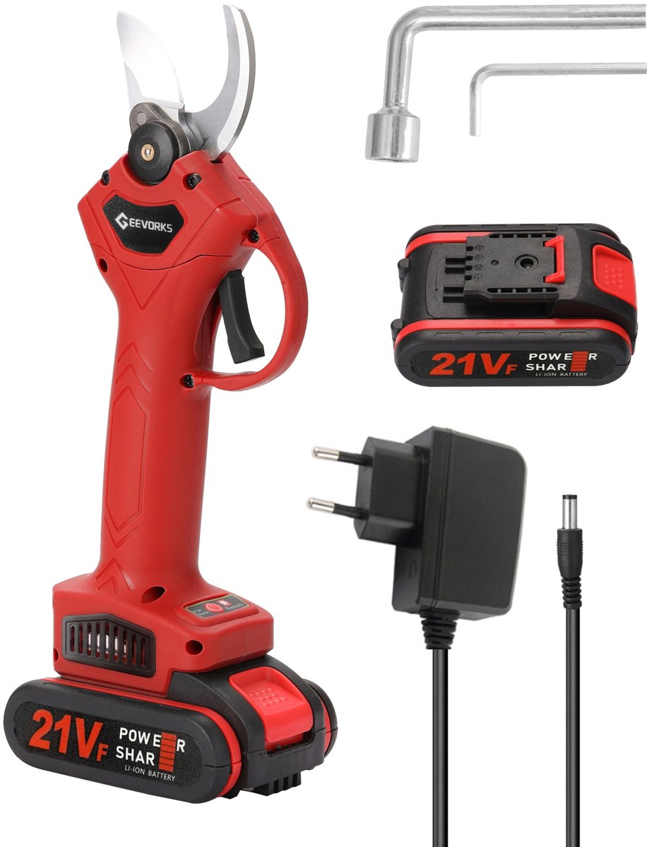 Draadloze Elektrische Snoeischaar – 21V – SK5 Stalen Mes – 2 Batterijen 1200mAh – Max Tak 25mm – Voor Tuin & Fruitbomen
