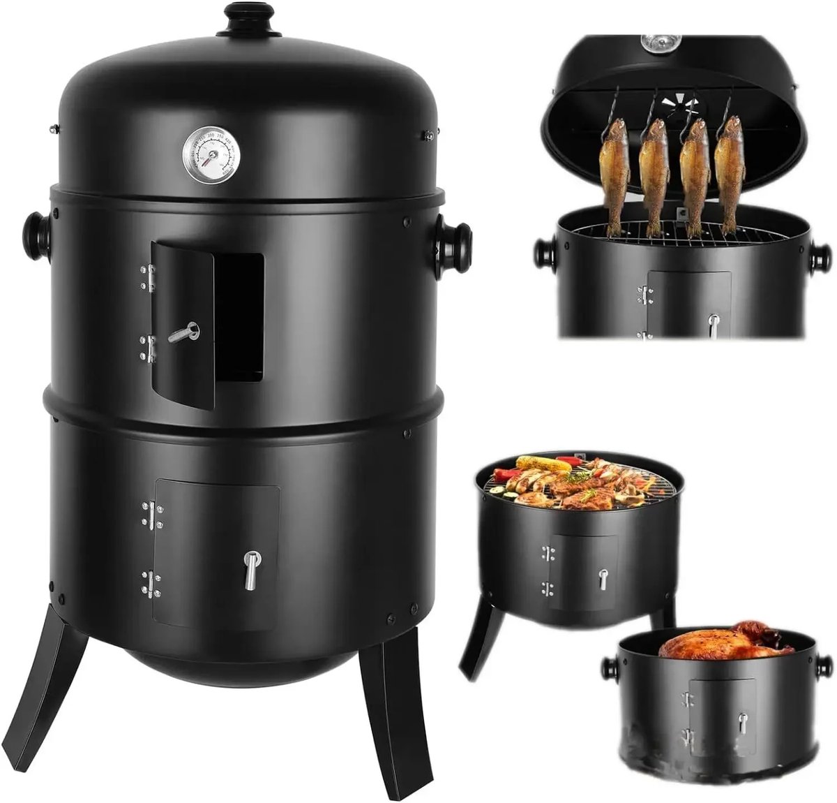 Rokeroven - 3-in-1 Houtskool BBQ - Waterroker - Verticale Rookbarbecue - Ronde Kogelbarbecue met Thermometer - 2 Grillroosters - Met Deksel - Verstelbare Ventilatie - Ø41 cm - Buitenbarbecue voor Tuin en Camping