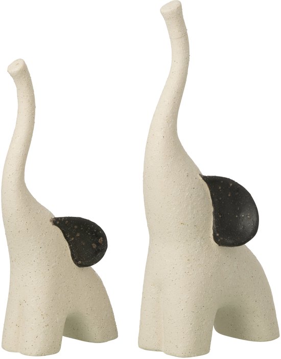Deux figurines d'éléphants blanches avec des oreilles noires et la trompe levée.