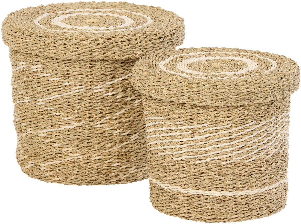 J-Line mand + deksel Gestreept - ijzer/papier - wit/naturel - set van 2