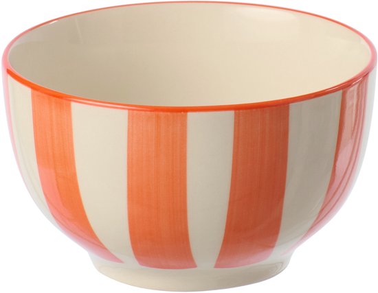 Bol crème avec rayures verticales orange. Ouverture sur le dessus.