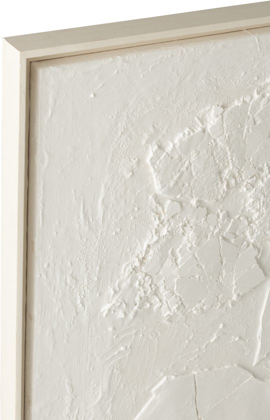 Detail van een wit, textuurrijk schilderij met een lichte lijst, wat lijkt op gebroken gips.