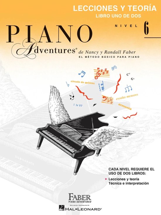 Boekkaft van 'Piano Adventures', niveau 6. Met vleugels, een piano en muzieknoten. Titel: Lecciones y Teoría, Libro Uno de Dos.