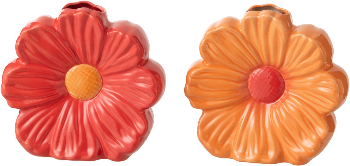 J-Line vaas Bloem - porselein - rood/oranje - small - set van 2