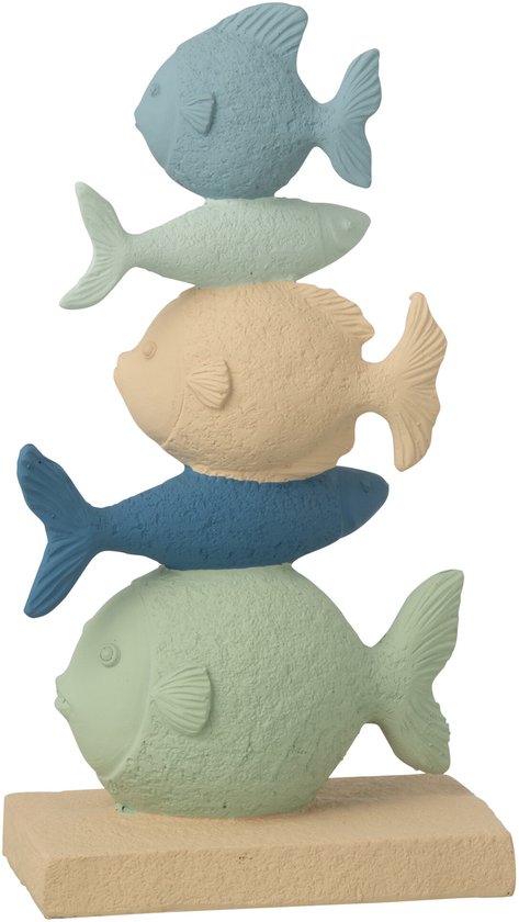 Poissons décoratifs empilés : bleu clair, vert menthe, beige, bleu foncé et vert clair sur un socle beige.