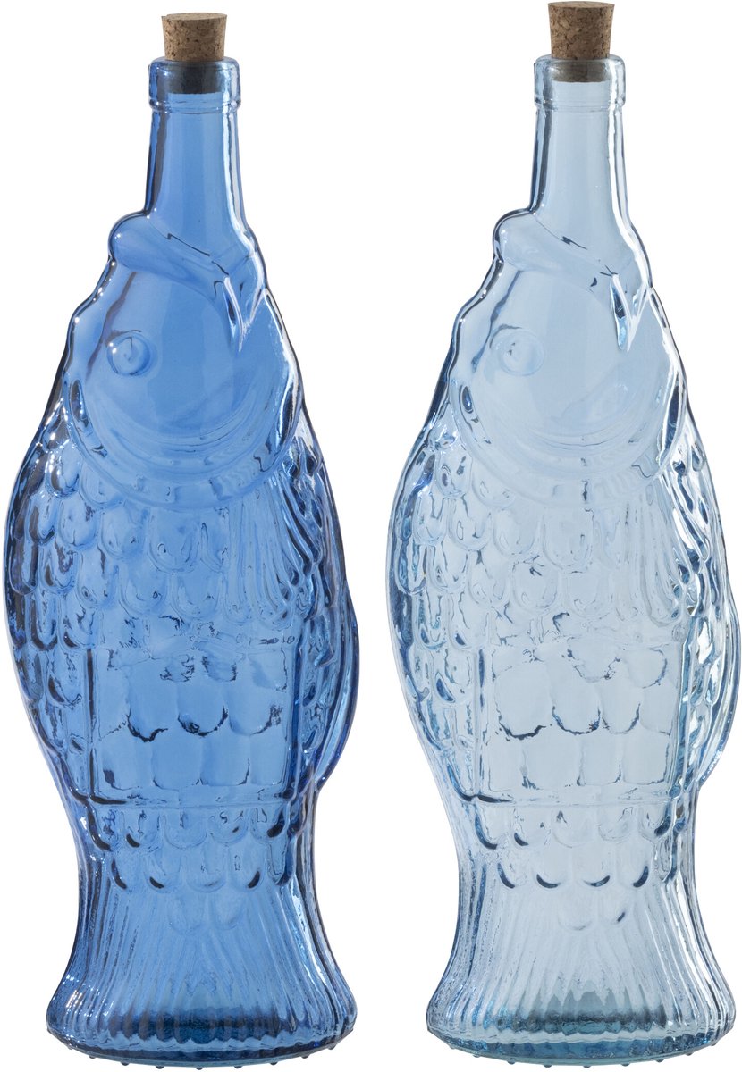 J-Line decoratie Fles - lichtblauw/blauw - set van 2