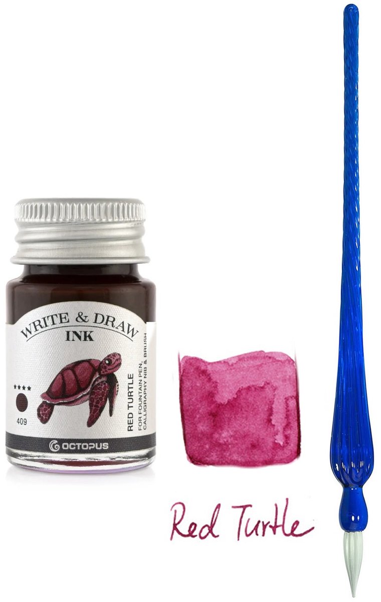 Glazen dip pen set in doosje - Blauw - Potje Octopus inkt red turtle