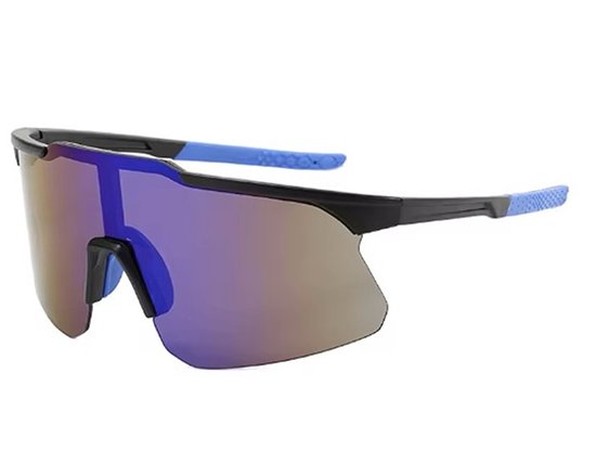 PREMIUM Zwarte Zonnebril INCLUSIEF bescherm case voor Dames & Heren - Blauw-zwart montuur - Sportbril wielrenbril skibril fietsbril festivalbril - Multi-colour lens - gepolariseerd - Monoblock anti-UV