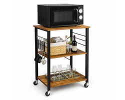 Luxaliving keukenkast Keukentrolley op Wieltjes – 3 Niveaus – Industrieel Keukenrek met Houten Planken – Magnetron Rek – Keukenkastje – Serveerwagen – Bruin/Zwart – 60 x 40 x 89 cm