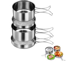 Kookset - 4 Stuks - Stapelbaar - Inclusief Opbergtas - Camping Kookset - Kookgerei - Camping Pannenset - Camping Kookgerei Kit - Rvs - Voor 2-3 Personen - Geschikt Voor Kamperen, Wandelen En Picknicken - Zilver