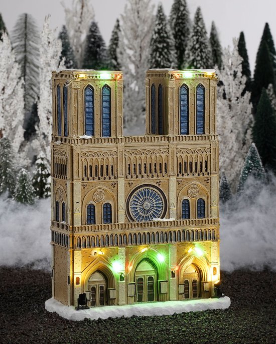 Notre Dame kathedraal met verlichting en bomen op de achtergrond.