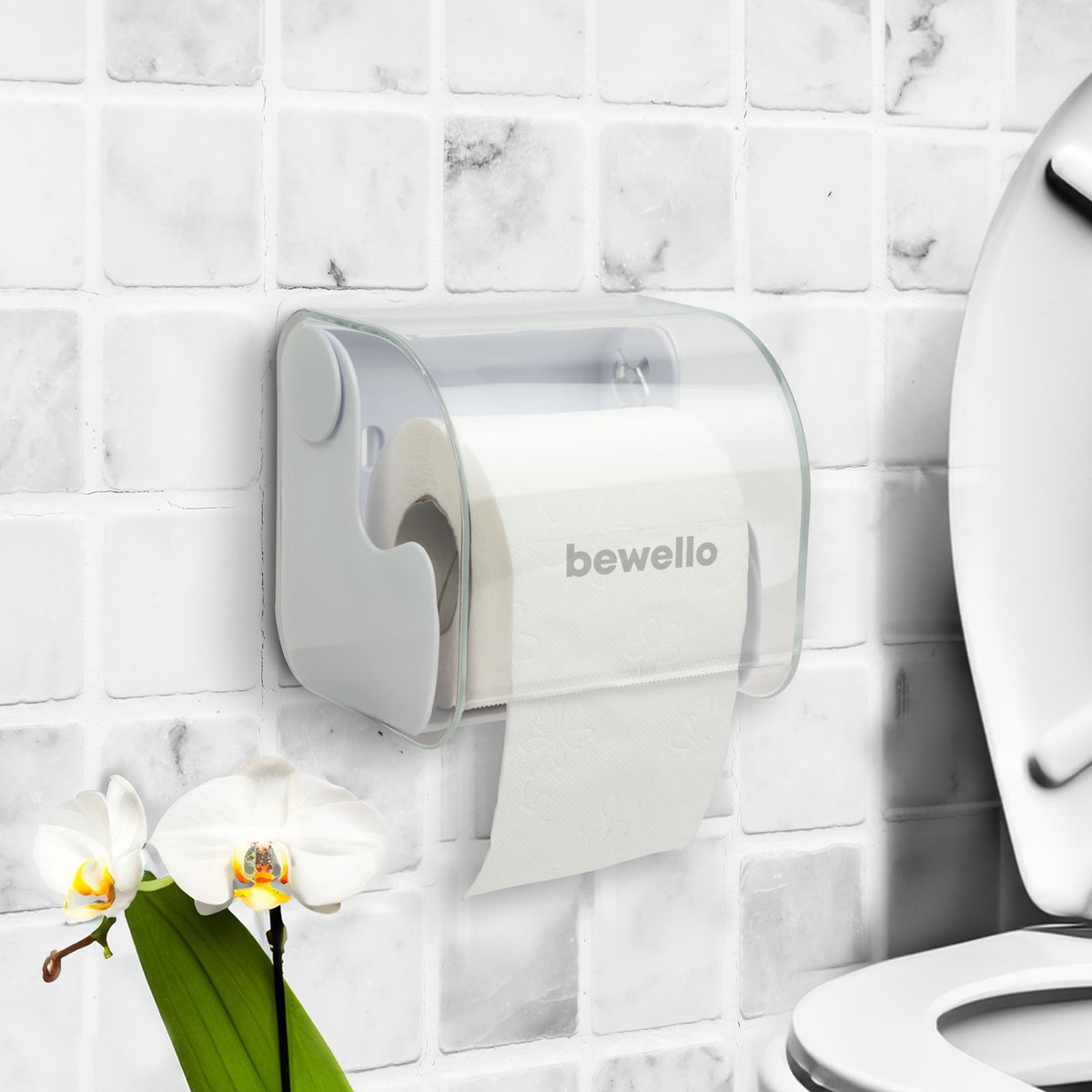 Toiletrolhouder – WC Rolhouder Wit met Transparante Klep – 14,5 x 13 x 12,3 cm – Wandmontage [BW3019]